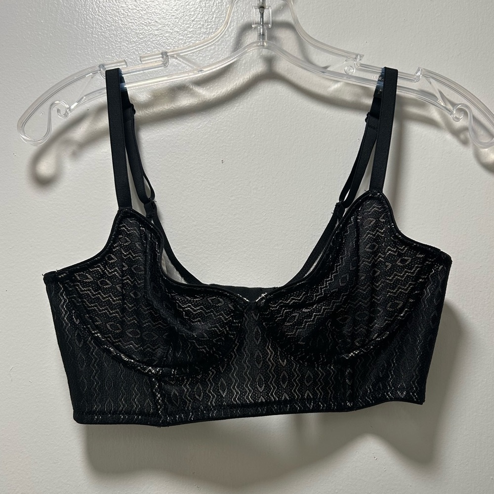 Victoria's Secret Black Corset Lace Bra Unlined, Balconette Neckline, Boning